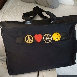 Moschino Redwell Rare VTG Black Nylon & Leather Tote Peace Love Happiness Bag